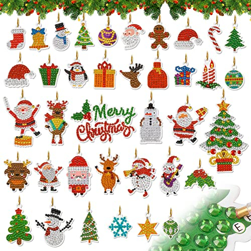 BETESSIN 38Pcs Diamond Painting Weihnachten Anhänger Diamant Malerei Weihnachtsdeko 5D DIY Diamant Weihnachtsbaum Anhänger Set Geschenk Anhänger Weihnachten Deko Mini Tannenbaum Deko