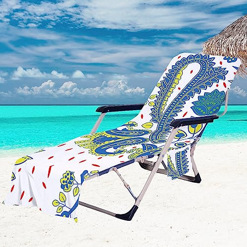 Morbuy Liegestuhl Handtuch, Bohème Stil Strandtuch für Liegen Strandliegen Handtuch Handtücher für Strandliegen Mikrofaser Leicht Strandtuch mit Taschen (Weiß blau)