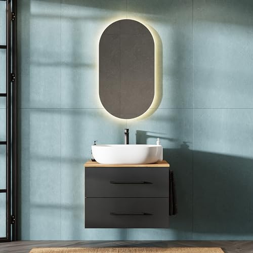 Planetmöbel Lux Juego de muebles de baño con lavabo de 70 cm y 60 cm, espejo de 50 cm, mueble de baño en roble dorado/antracita