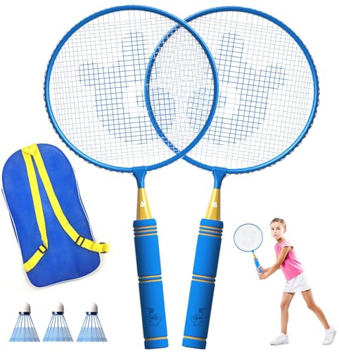 JOY SPOT! Federball Badminton Schläger Set Kinder mit Tragetasche, Leichter Federball Set mit weichem Griff für Kinder, Sportspiel für AnfäNger für Indoor Outdoor im Garten (Blau)