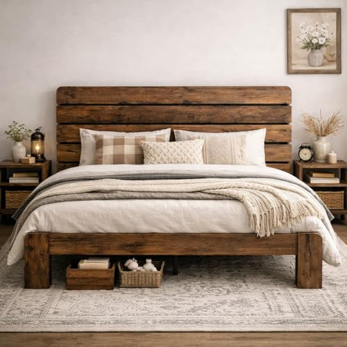 SAMTRA Wooden King Size Bed Frame with Linear Headboard, Rustic Platform