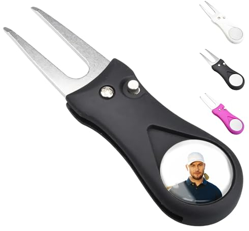 ibera gifts - Golf Pitchgabel mit magnetischem Golfball Marker personalisiert mit Foto, Edelstahl Pitchfork Golf Pitchgabel, 2,5 cm Bilddurchmesser, in Geschenktasche (Schwarz)