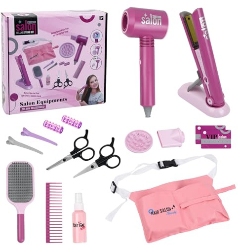 Focenat 15PCS Children Salon Hairdresser Set, Kids Hairdressing Set with Hairdryer, Hair Straightening iron and Accessories, Salon Vanity Case Hairdresser Set Pretend Play Toys for Girls Age 3-8