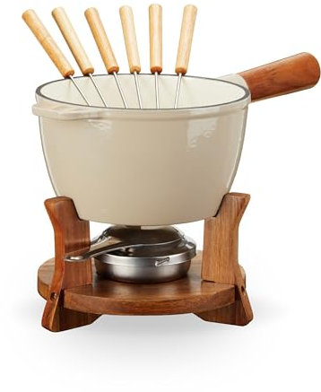 Twine Farmhouse Kitchen Enamel Cast Iron Set Cheese Melting Fondue Pot Metal Stainless Steel Forks and Wood Stand, Beige Set of 1