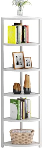 sogesfurniture Standregal, Eckregal, Bücherregal mit 6 Ablagen, Leiterregal, Aufbewahrungsregal, Pflanzenregal für Wohnzimmer, Schlafzimmer, Büro,34x34x165 cm, Weiß