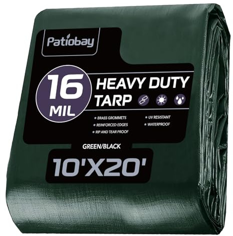 Patiobay Tarp 10x20 Feet, 16 Mil Large Waterproof Tarps Heavy Duty with Brass Grommets, Thick Plastic Tarp, UV Resistant Tear&Fade Resistant, Reinforced Edges for Outdoor Pool Car Camp Tent