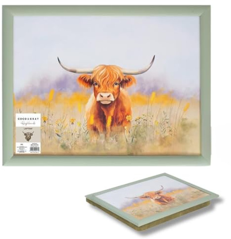Bandeja grande para regazo con cojín en diseño de vaca de las tierras altas, bandejas de regazo con cojín de puf, cojín acolchado para adultos para comer, laptop Great British Home