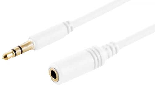 1x 1,5 m - Extensión de audio blanca, 3,5 mm, TRS, delgada, cable de extensión AUX - Conectores moldeados, contactos chapados en oro, ideal para HiFi, dispositivos de audio y sistemas de música