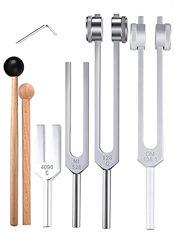 FutureHight Juego de 4 diapasones (128 Hz, 136,1 Hz, MI 528 Hz, 4096 Hz), para la curación de chakras, terapia de sonido, alivio del estrés