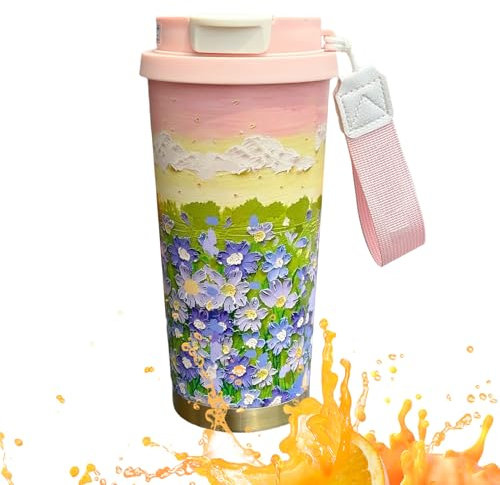 Isothermie Tasse | Isolierter Reisebecher 50cl, anti-unglückliche Tasse mit Blumenmuster Zwei Verbrauchsmodi für heiße oder kalte Getränke Hausgebrauch und in dieser Kaffee-Thermalbecher enthält eine