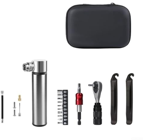 Zilimontt Boîte de réparation portable pour vélo, clé à cliquet, kit de démonte-pneus, entretien de vélo de route avec pompe à pneu et kit d'outils de clé, accessoires de vélo pour le cyclisme