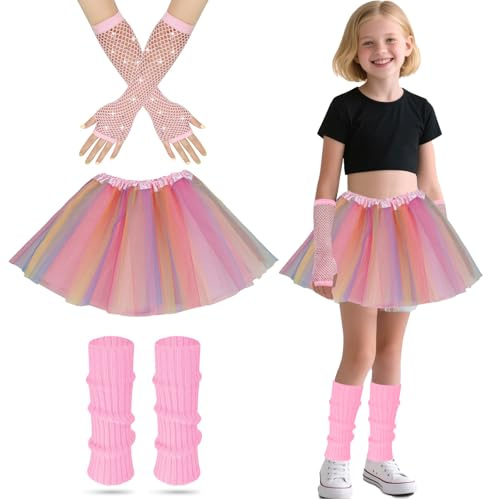 AffeGifts Déguisement Année 80 Fille, Deguisement Disco Enfant Filles Néon Jambes Chauffers Filets Gants et Robe Fantaisie Tutu Pour Les Années 1980 Fête à Thème Discothèque Fête Costume (Rose)