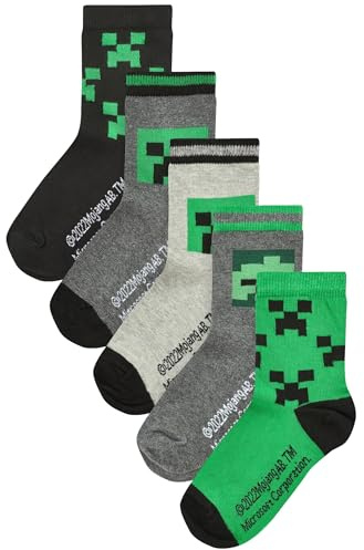 NEXT Garçon Chaussettes en coton majoritaire avec personnage sous licence, 5 paires Minecraft Creeper 31-36