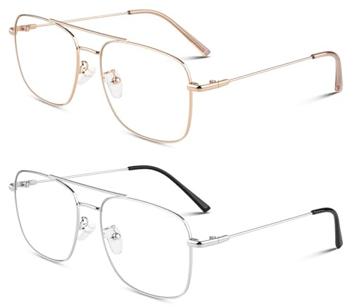 LINVO Falska glasögon pilotstil retro mode metallram receptfria klara linser glasögon kvinnor män UV400, 2-pack/guld + silver