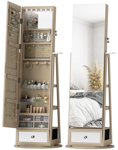 HOMCOM Espejo Joyero con Luces LED, Armario para Joyas, Armario Joyero de Pie con Espejo Cuero Entero, Soporte para Secador, Giratorio de 360°, Cajón, Cerradura, Estantes Abiertos, Natural y Beige