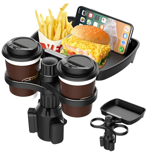 Handyhalterung Auto Getränkehalter mit Tablett - 3-in-1 KFZ Becherhalter Auto Esstisch, Universal Doppel Getränkehalterung mit Ausziehbarer Ablage für Snacks Kaffee Smartphone, Einfache ohne Bohren