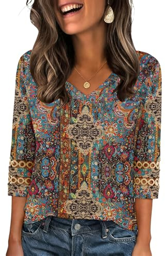 Zeagoo Blusa Mujer Elegante Túnica de Manga 3/4 Verano Camiseta Cuello en V Suelta Tops Shirt Bordado de Ojales S-3XL