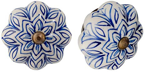 Nicola Spring Ceramic Cupboard Drawer Handle Knobs - Vintage Flower Design - Dark Blue - Pack of 6