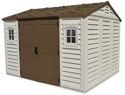 Duramax Apex 10.5 x 8 (7.64 m²) Kunststoff gerätehaus mit 2 festen Fenstern und Metallfundamentset, Allwetterlösung für den Außenbereich, zum Abstellen von Fahrrädern, Gerätehaus, Adobe & Brown