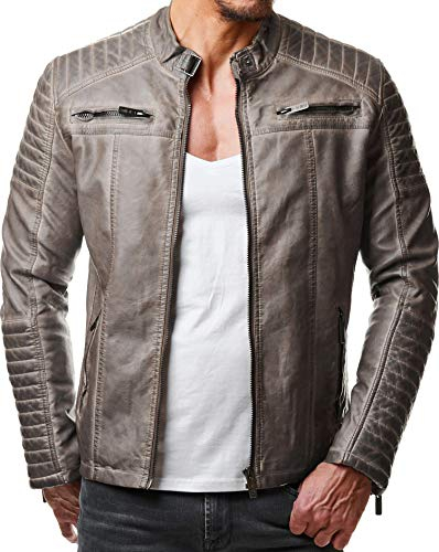 Redbridge Herren Jacke Übergangsjacke Biker Lederjacke Echtleder Kunstleder Baumwolle mit gesteppten Bereichen (3XL, Grau - Kunstleder)