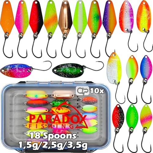 Paradox Fishing Lot de 18 cuillères à truite activées aux UV (1,5 g/2,5 g/3,5 g), laquées des deux côtés, avec 10 boutons-pression et boîte de transport pour étang à truite