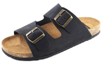 Casual Nubuk lädersandaler herr äkta läder sandaletter tofflor med korksula tillverkad i Spanien, svart, 46 EU