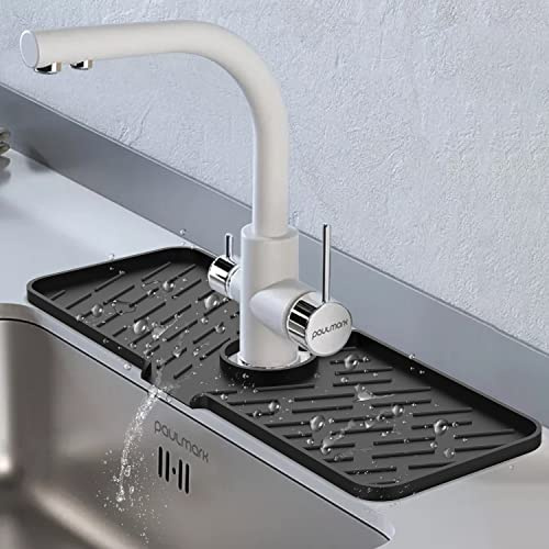 Silicone Faucet Splash Guard, 18” x 6.3” Faucet Water Catcher, Longer Silicone Sink Mat, Faucet Handle Drip Catcher Tray for Kitchen Countertop and Bathroom Sink Protectors (Black)