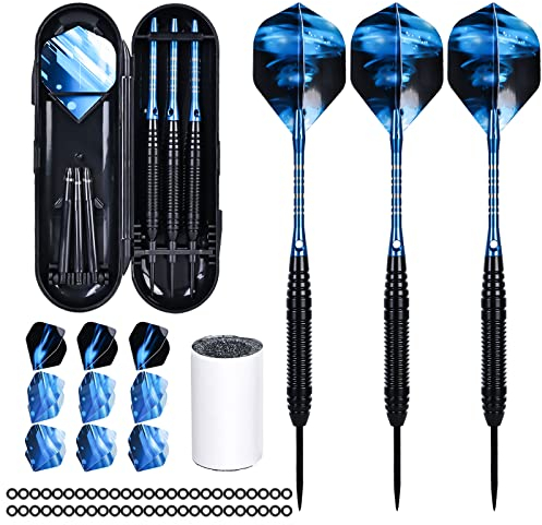 Acboor Dartpfeile, Dartpfeile Metallspitze 3 Stück Profi Steeldarts Steel Dartpfeile Set 3 Aluminium Schaft mit 9 Flights 50 Anti-Lose Gummiringe und 2 Dart Tool Sharpener
