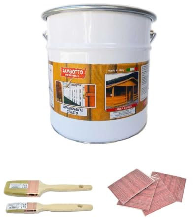 ZAMBOTTO VERNICI KIT carta e pennelli + Impregnante cerato a solvente per legno interni ed esterni in varie colorazioni FORMATO 1 LITRO (104 - Noce Scuro)