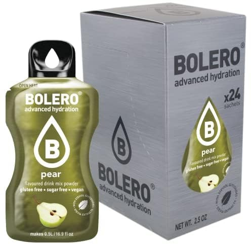 Bolero PERA 24 x 3 g, jugo en polvo sin azúcar, endulzado con stevia + vitamina C, adecuado para niños, atletas y diabéticos, sin gluten y apto para veganos