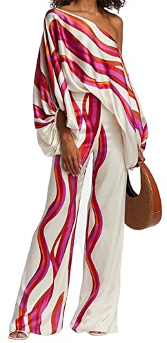 VOSTEVAS - Conjunto casual de dos piezas para mujer, con hombros descubiertos, manga larga, pantalones de pierna ancha, para invitados de boda, salir, Rosa Rojo, L