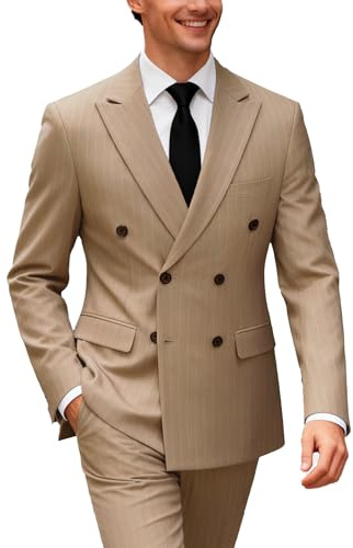 UNINUKOO Men's Suits 2 Piece Pinstripe Double Breasted Tuxedo Suit for Men Slim Fit Formal Dress Blazer Jacket Pants, Khaki, M