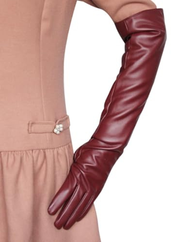 WUUISDNX Lange PU Lederhandschuhe für Damen, einfach zu kombinieren, modisch und elegant, breite Anwendung, lange Damen PU Lederhandschuhe, Jujube rot, L