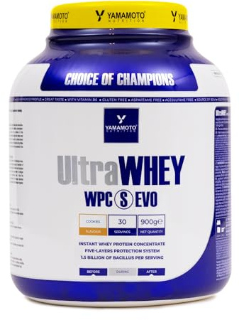 Yamamoto Nutrition Ultra Whey WPC S EVO 900 g, Suplemento de Proteína de Suero Concentrada y Esporas de Bacilo, Aumento de la Masa Muscular, Sabor Galleta