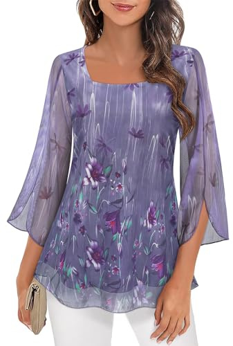 Syphiby Camicette da Donna con Ruffle, Maniche a 3/4, Top a Tunica, Scollo Quadrato, in Chiffon, a Doppio Strato, con Rete, Taglia M-3XL, XL