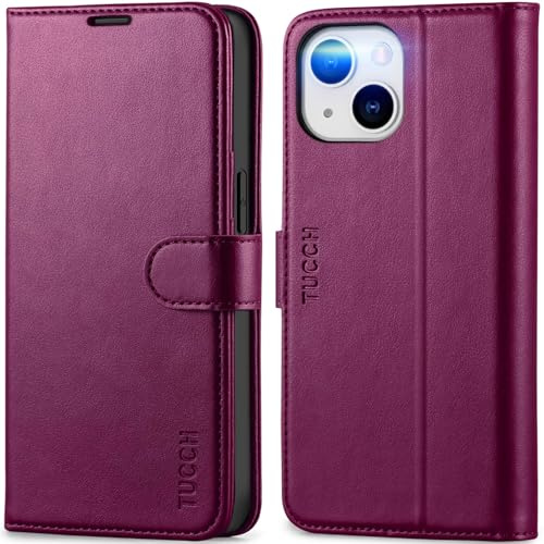 TUCCH Etui pour iPhone 13 5G, Coque Cuir Synthétique Housse TPU Fonction Support [Blocage RFID] Portefeuille Fentes Cartes Protection Totale Compatible avec iPhone 13 (6,1 pouces, 2021) - Violet Prune