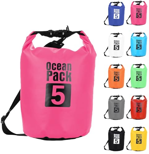 5L Rosenrot Wasserdichte Tasche,Dry Bag 2L/5L/10L/15L/20L/30L mit Verstellbarem Gurt,Schützt Telefon/Karte, Roll Top Wasserdichter Beutel Rucksack für Schwimmen/Rafting/Kajak/Bootfahren/Camping/Strand