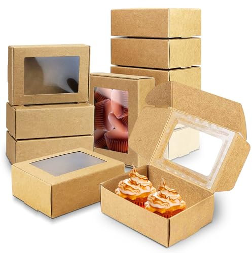 60 Stück Kraftpapier Box mit Sichtfenster, Keksschachtel, Kraftpapier Geschenkbox 8,5 x 6 x 3 cm, Braune Kraftpapier Geschenkboxen, Cupcake Boxen, Kleine Schachteln für Kekse Kuchen Dessert Geschenke