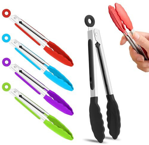 Küchenzange Silikon,5 Pcs Mini Zange Küche,Grillzange Klein,7 Zoll Grillzange Silikon Edelstahl Bratzange,Kochzange,Servierzange,Fleischzange,Salatzange,Silikonzange zum Kochen Grillen - 5 Farbe,21cm