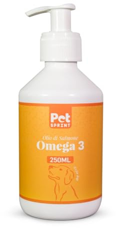 Pet Sprint - Olio di Salmone per Cani Premium, 250ml, Marca Italiana, 100% Naturale - Puro Olio di Pesce Fonte di Omega 3 6 9 per Pelo, Sistema Immunitario, Prurito, Articolazioni, Cervello