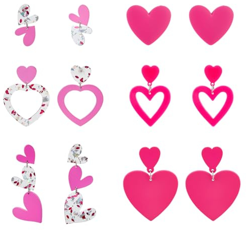 SUPERFINDINGS 6 Paire de Boucles D'Oreilles en Forme de Cœur en Acrylique Rose Vif Boucles D'Oreilles Pendantes en Forme de Cœur Y2K Boucles D'Oreilles Pendantes en Forme de Cœur pour Femmes