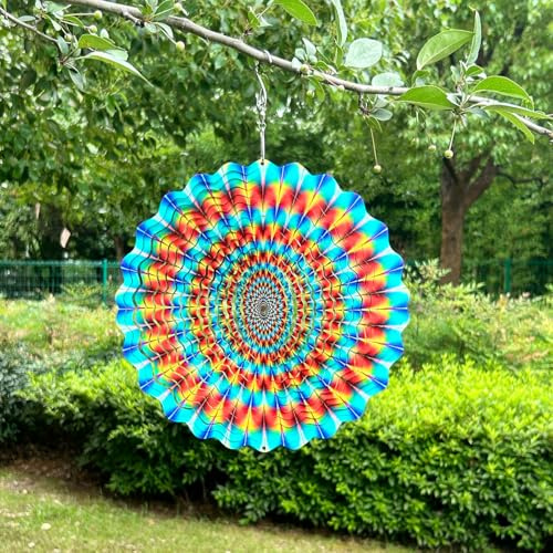 Moulin à vent 3D arc-en-ciel mandala en acier inoxydable en métal cinétique art multicolore décoration à suspendre pour cour, jardin, terrasse