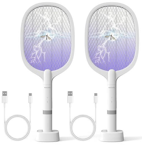 Fly Swatter Electric(2 Pack), USB-C Rechargeable Electric Mosquito Racket, Portable Handheld Cordless Electric Bug Zapper Indoor Racket to Kill Mosquitoes, Wasps, Gnats, Flies, Bugs, with Stand