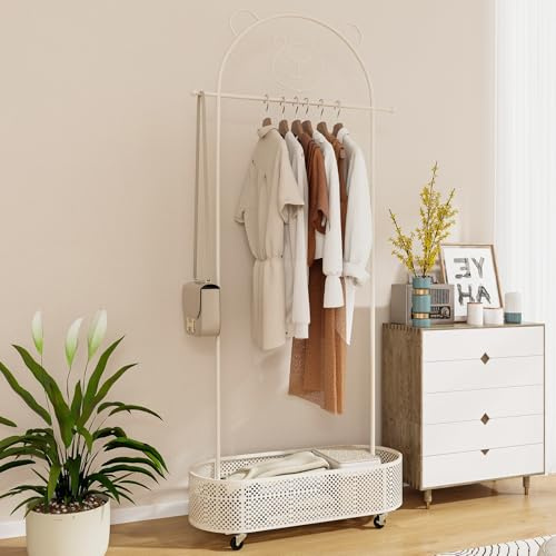 RELAX4LIFE Stand Appendiabiti per Bambini, Porta Abiti con Ruote, 3 Altezze Regolabili, Cesto Portaoggetti in Ferro, Appendiabiti da Terra per Cameretta, 81x34x182 cm (Bianco)