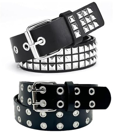 2 Stück Bullet Belt, Nietengürtel Herren, Studded Belt, Punk Rock Nietengürtel für Damen, Coole Gürtel für Jeans, Doppelloch Ledergürtel Jeansgürtel Studded, Gürtel mit Punk Style Cosplay