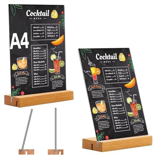 qhklew A4 Tischaufsteller, 2 Stück Acryl Tischständer mit Holzfuß, Acryl Fotoaufsteller Werbeaufsteller Display, Doppelseitiger Displayständer für Preisschilder, für Restaurants, Cafés, Büros