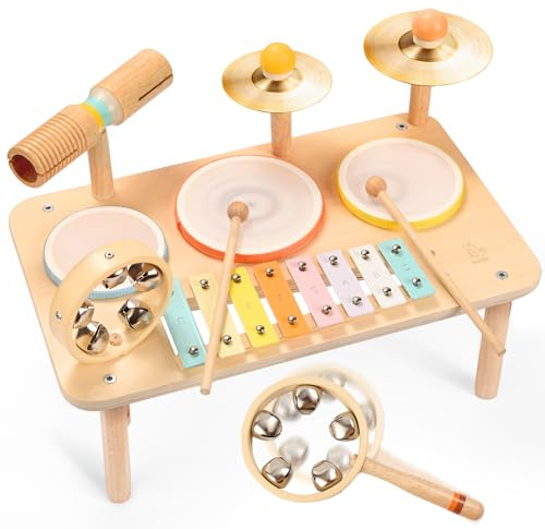 OATHX 9 in 1 Baby Drum Kit for 1+ Year Old Wooden Musical Instruments Set, Kids Drum Kit with Xylophone Handbell for Toddlers 1st Birthday Gifts for Boys Girls Music Toys