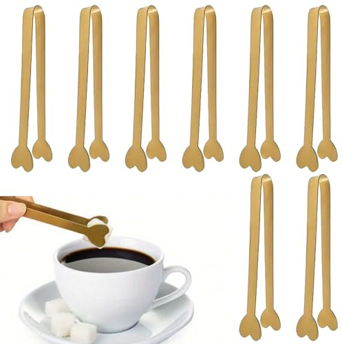 LEBKFT 8 pinze dorate a forma di cuore, 12,2 cm, mini pinze in acciaio inox, piccole pinze per alimenti, per cubetti di ghiaccio, zucchero, insalata, dessert, per servire e dolci, per utensili da