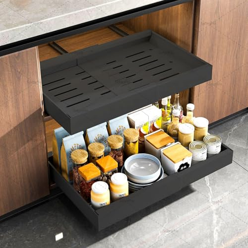 Lot de 2 tiroirs télescopiques extensibles de cuisine - Largeur réglable de 32 à 53 cm - Avec rail auto-adhésif silencieux - Pas de perçage ni de clouage nécessaires