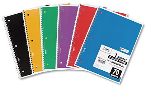 Mead Spiral Notebooks, 6 Pack, 1-Subject, College Ruled Paper, 10-1/2 x 8â€, 70 Sheets per Notebook, Assorted Colors (73065)